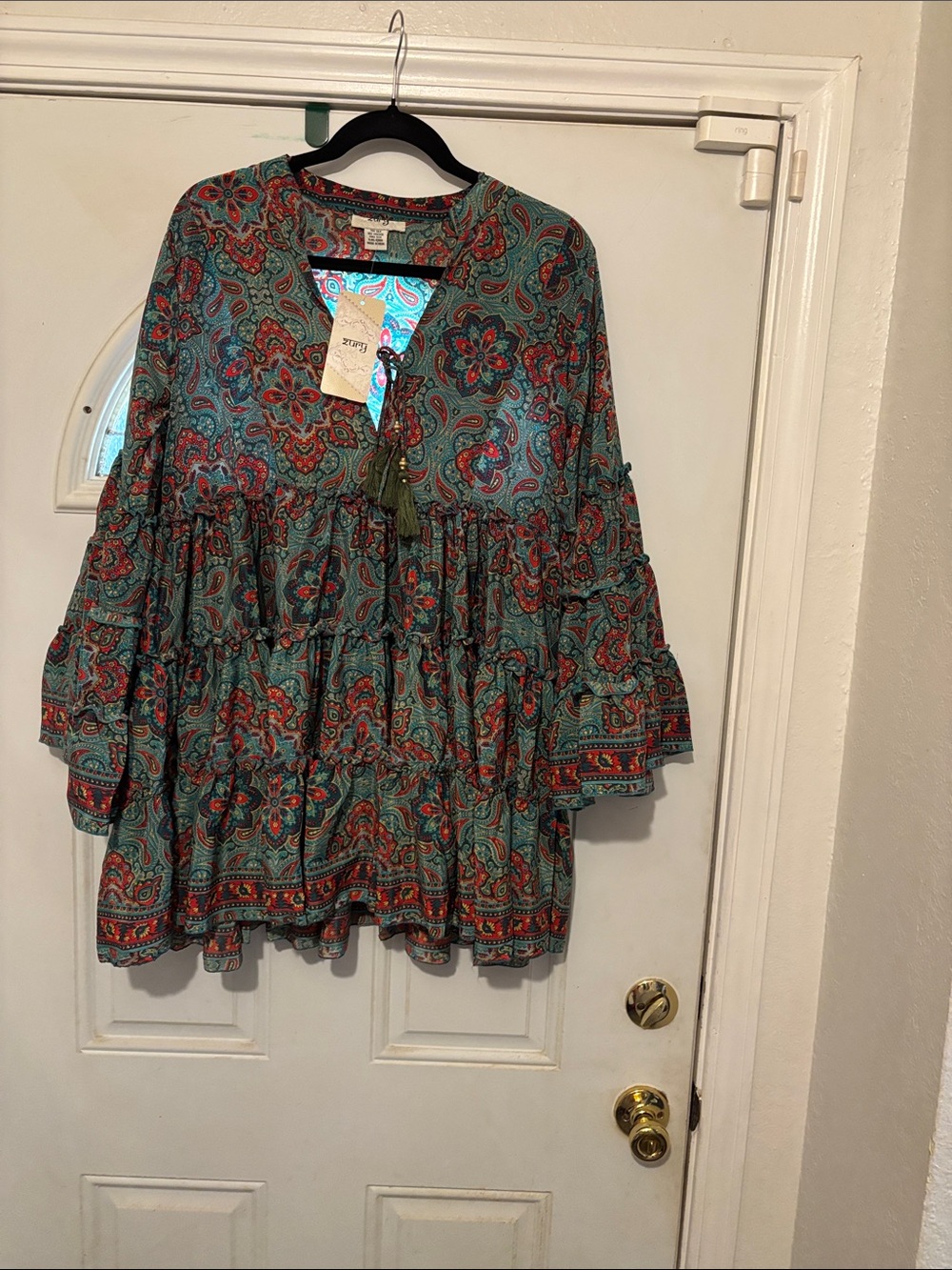 Johnny Was Teal Paisley Tiered Blouse with Rust Accents(can be a mini dress )